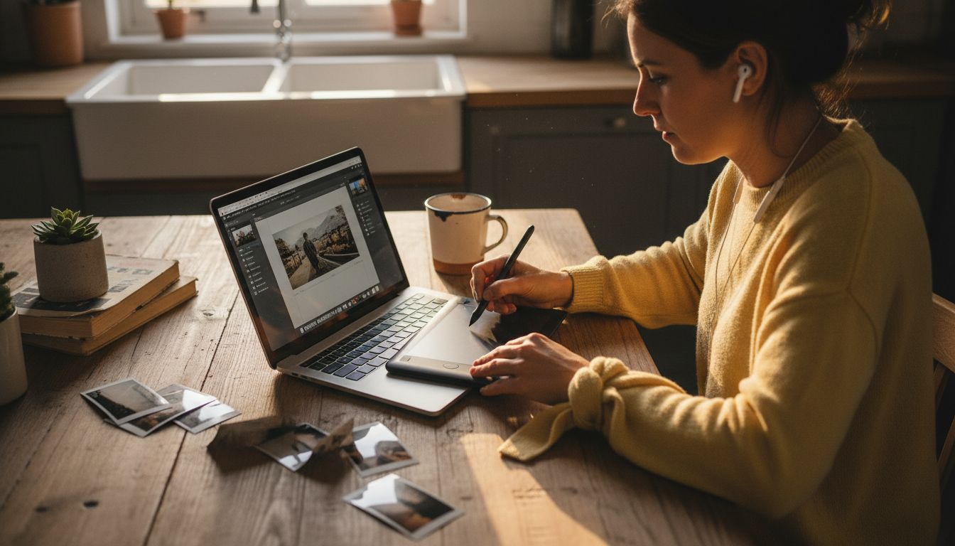 Een ontwerper zit aan de keukentafel achter zijn laptop en past afbeeldingen aan.