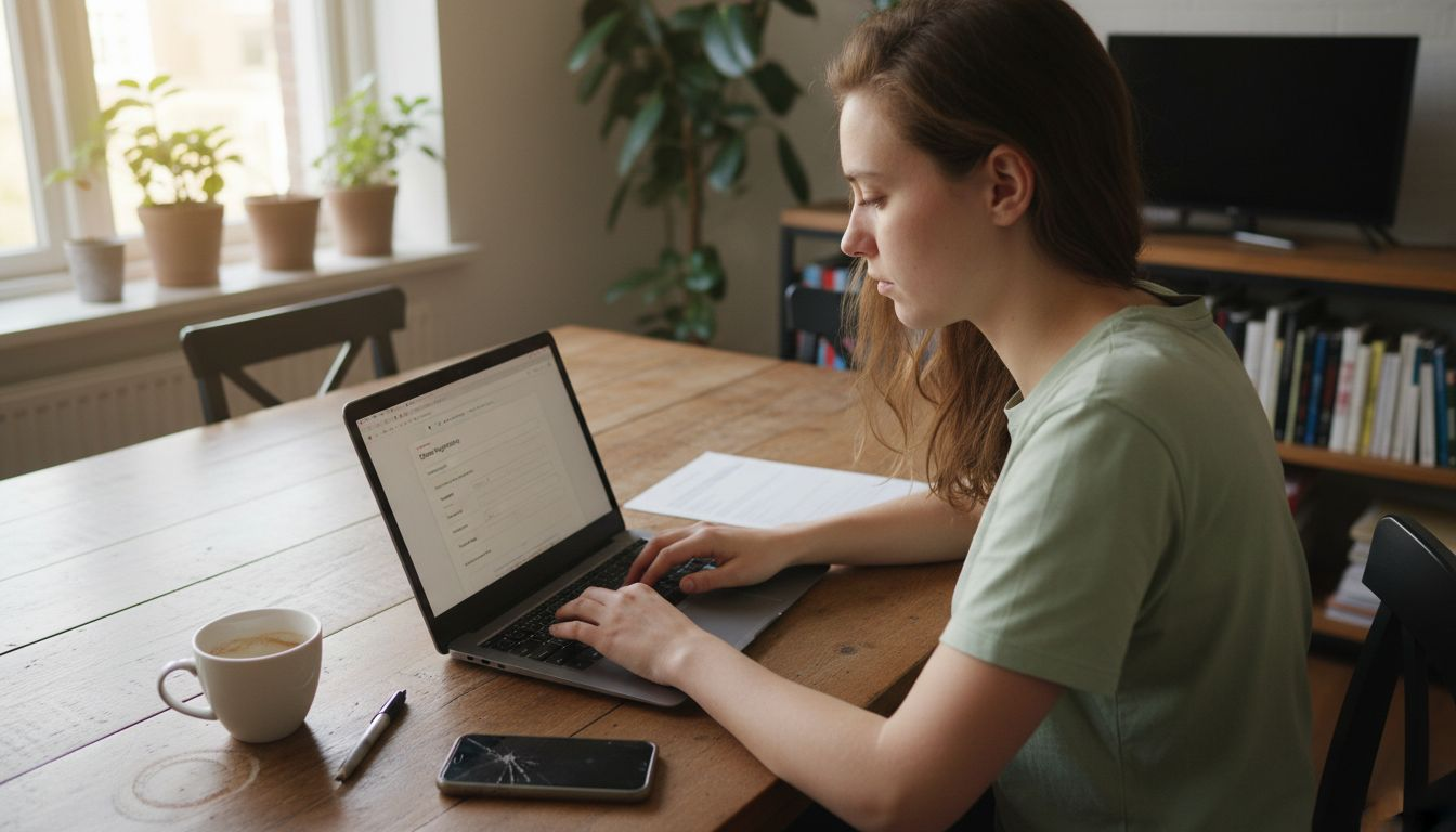 Aan de keukentafel zit een vrouw rustig een formulier in te vullen.