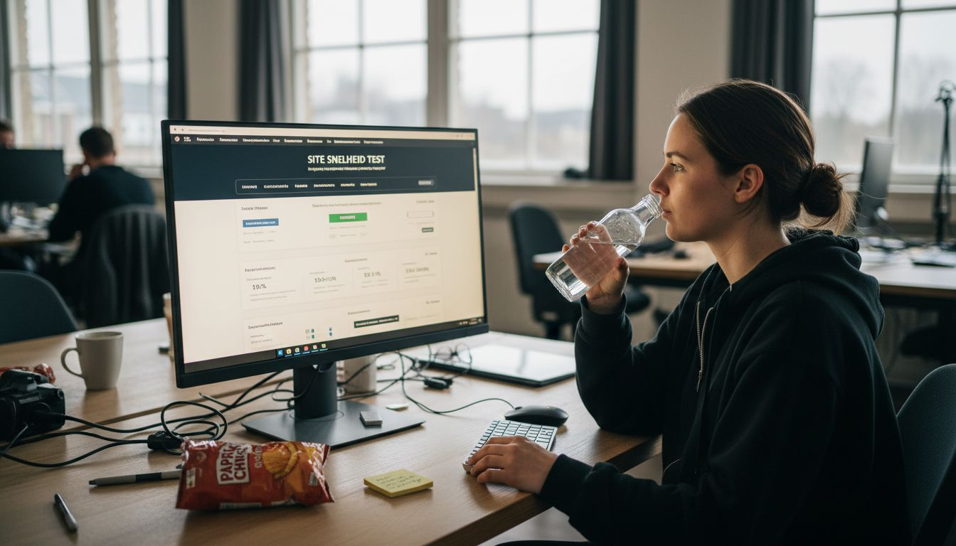 Een webdesigner test de laadtijd van een website achter haar bureau.