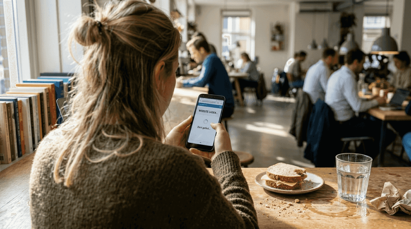 Een vrouw zit ongeduldig met haar telefoon in haar hand te wachten tot een trage website eindelijk geladen is.
