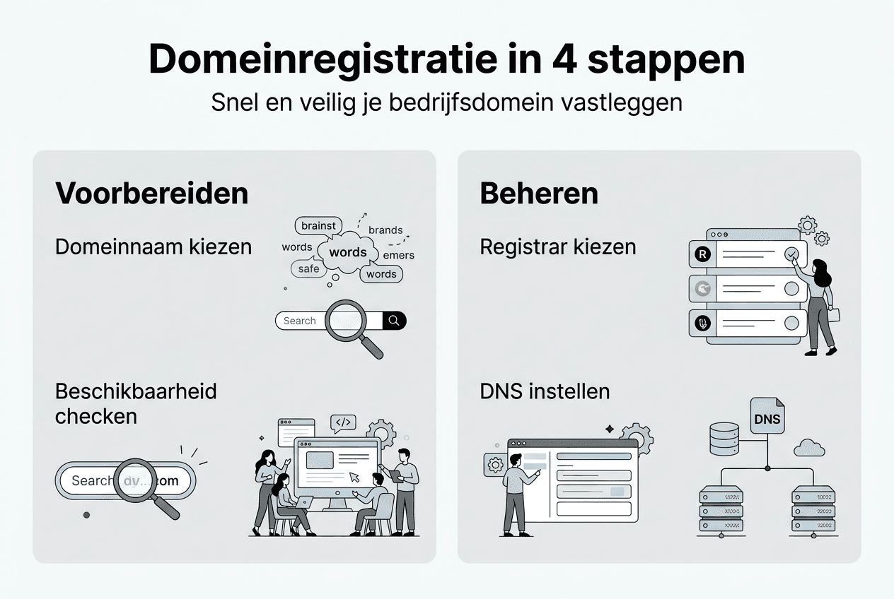 Overzicht: hoe registreer je als bedrijf een domeinnaam? Een handige infographic met de belangrijkste stappen.