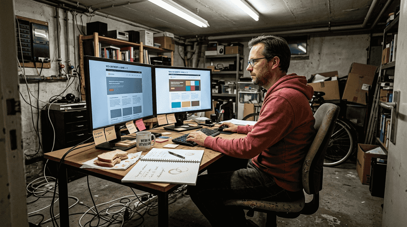Een webdesigner experimenteert met verschillende lay-outs aan zijn bureau.