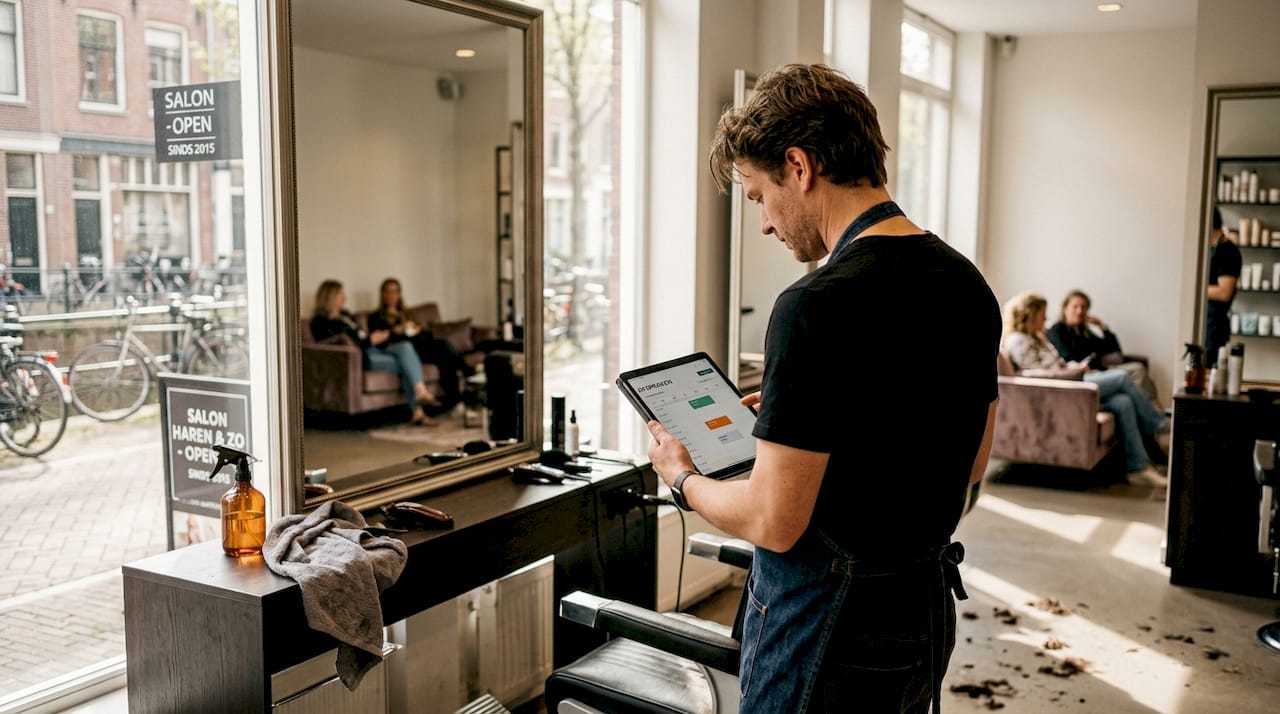 Kapper bekijkt op zijn tablet de binnengekomen online afspraken.