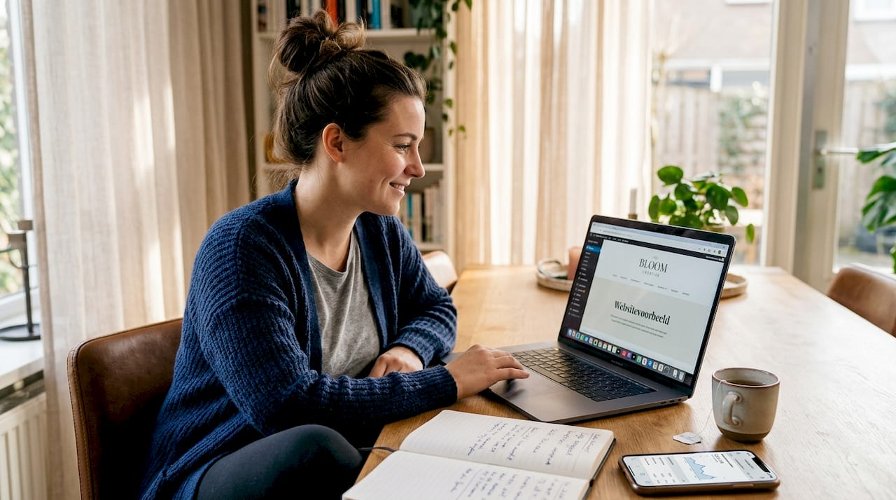 Een vrouw bekijkt het vernieuwde WordPress-logo dat bovenaan de pagina staat.