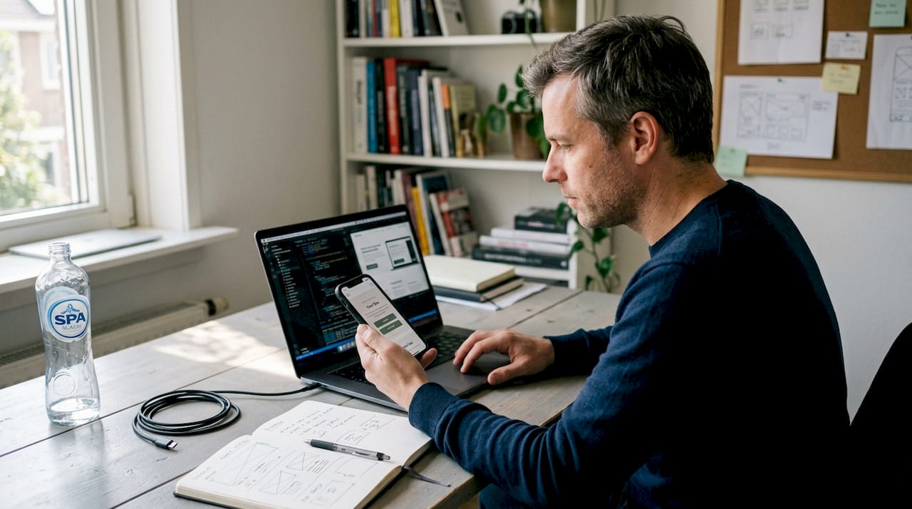 Webdesigner controleert de mobiele versie van de website op kantoor