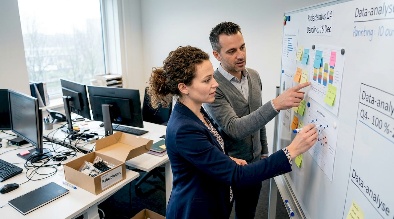 Het team buigt zich samen over de website-analyse op het whiteboard.