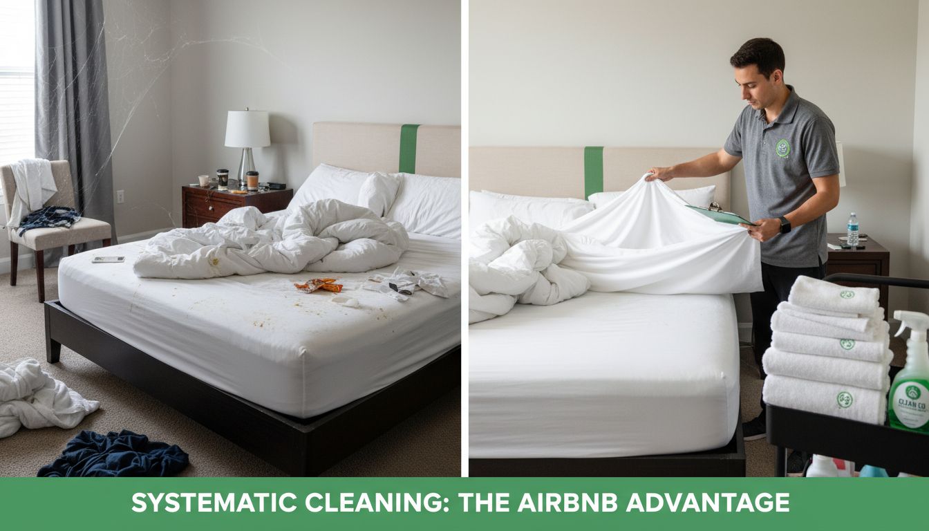 Raleigh Airbnb turnover cleaning process showing systematic room-by-room sanitization by professional cleaners in Triangle area vacation rental