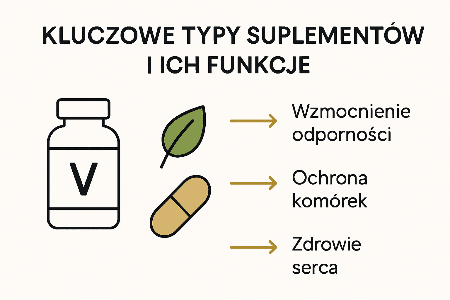 Ikony suplementów z licznymi strzałkami do efektów zdrowotnych