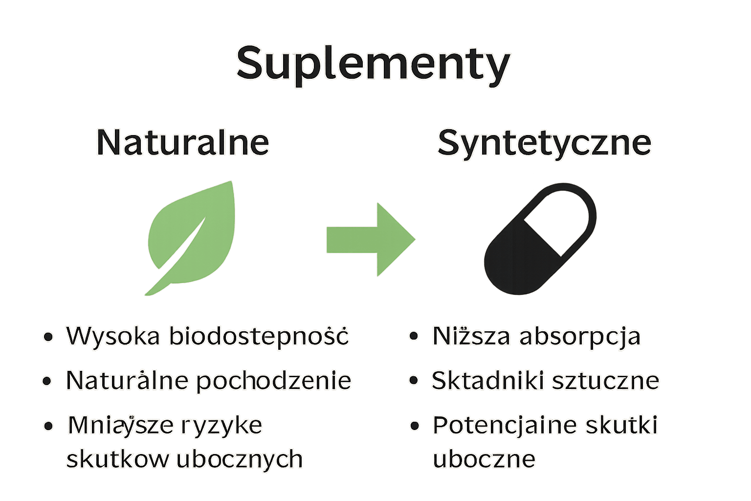 Porównanie suplementów naturalnych i syntetycznych – infografika z ikonkami liścia i tabletki