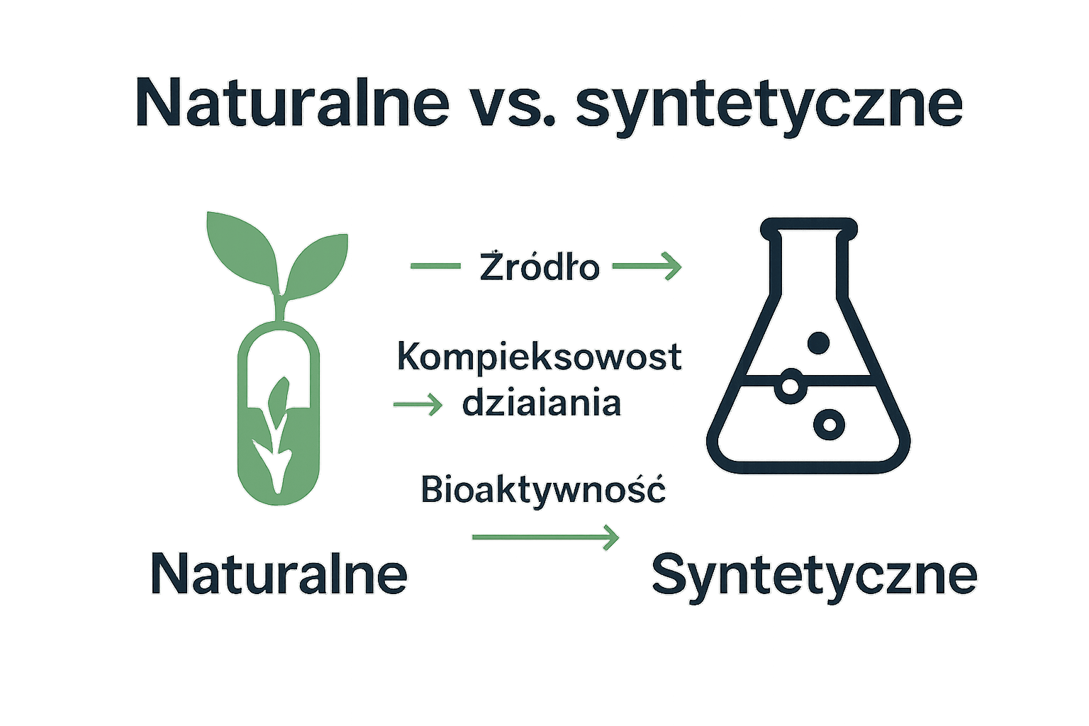 Porównanie suplementów naturalnych i syntetycznych – infografika z ikonami roślin i laboratoryjnych naczyń