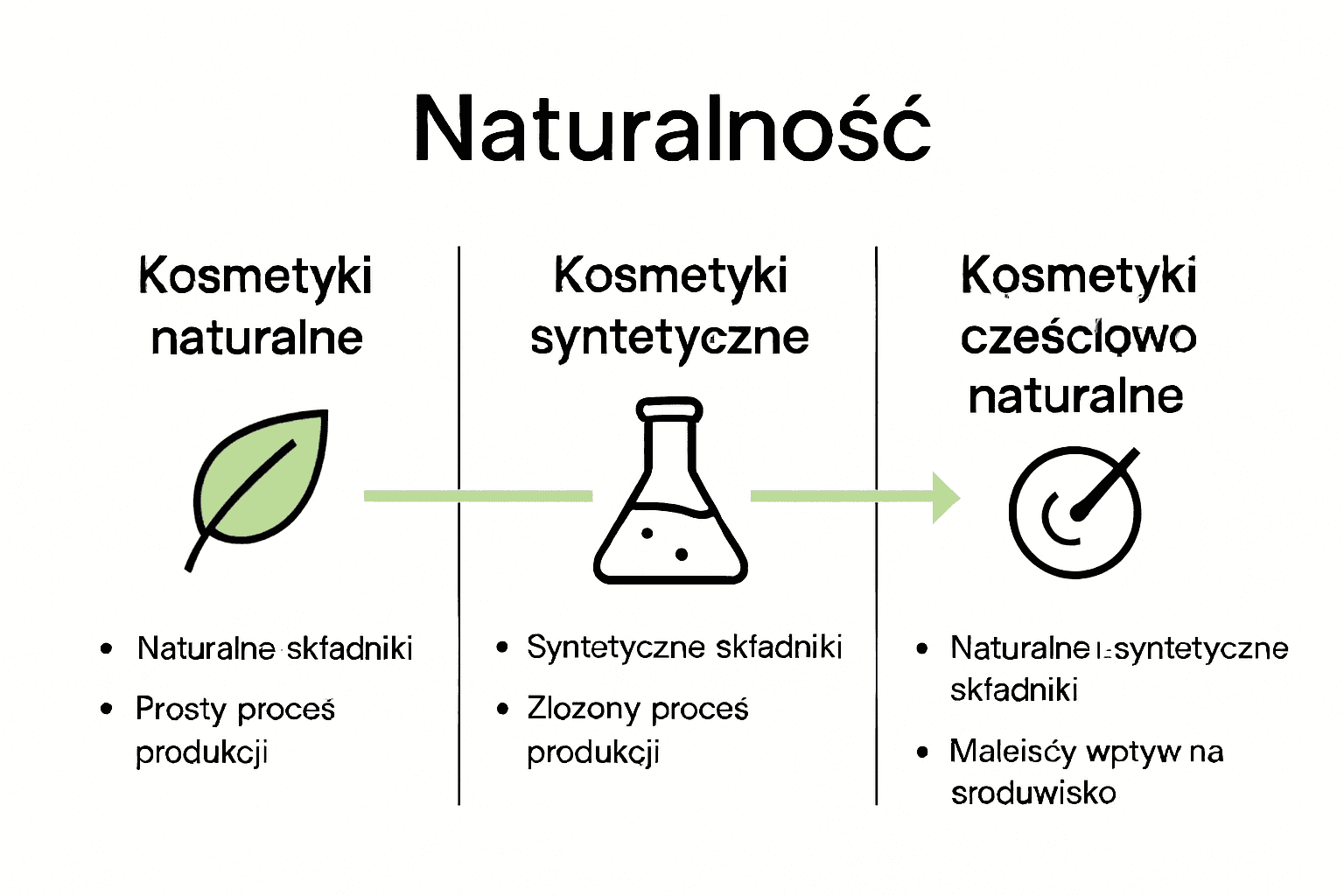 Infografika porównująca kategorie kosmetyków: naturalne, syntetyczne, częściowo naturalne