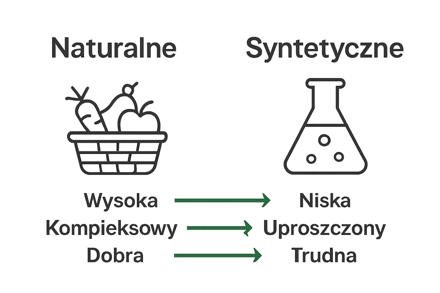 Infografika porównująca naturalne i syntetyczne witaminy