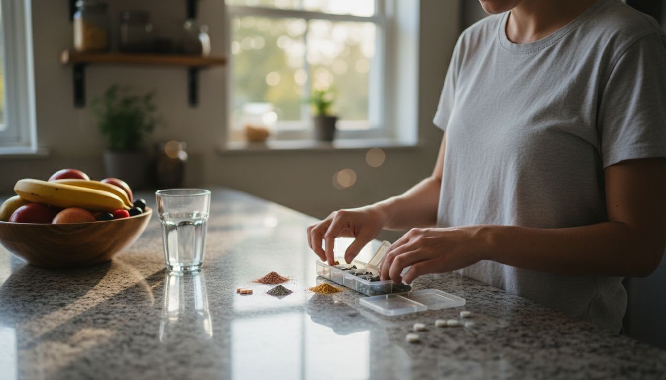 Woman organizes natural supplements on counter