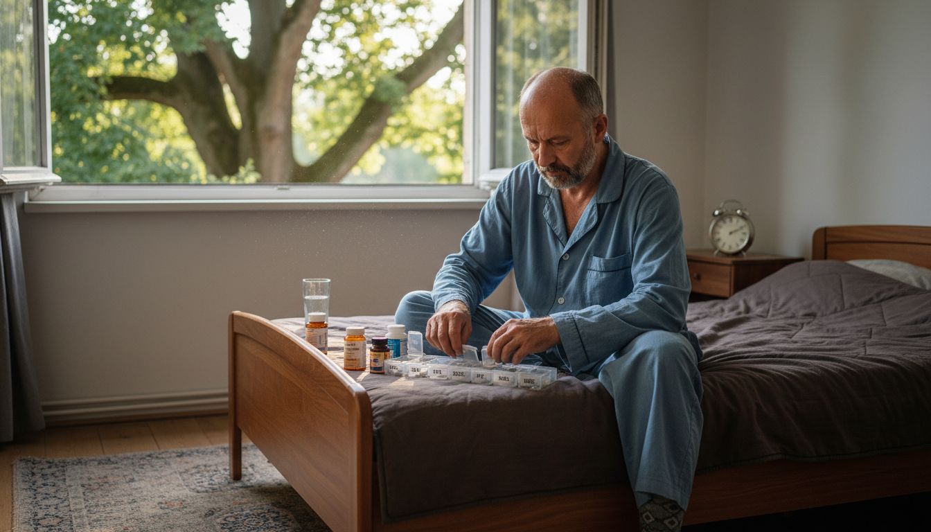 Mężczyzna układa suplementy na stoliku nocnym, dbając o porządek w swoich codziennych dawkach.