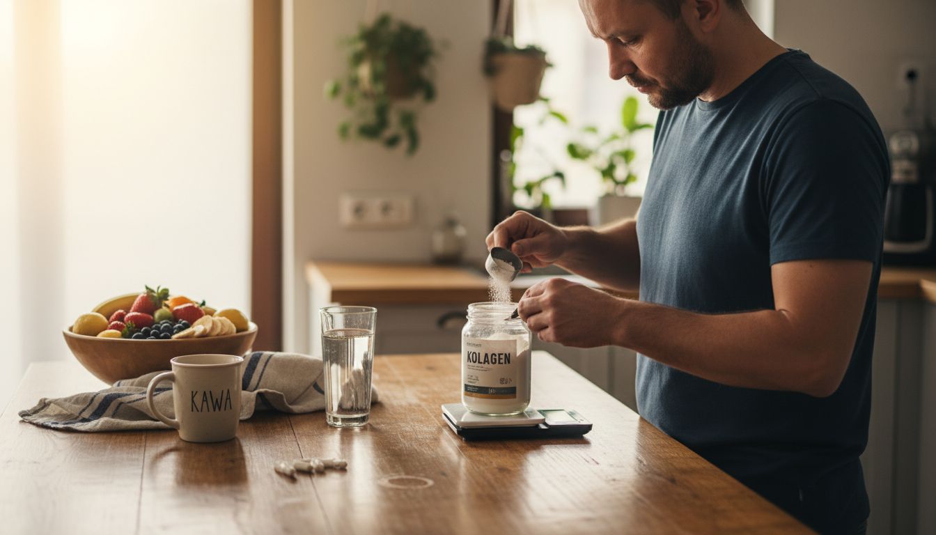 Mężczyzna odmierza porcję kolagenu w kuchni.
