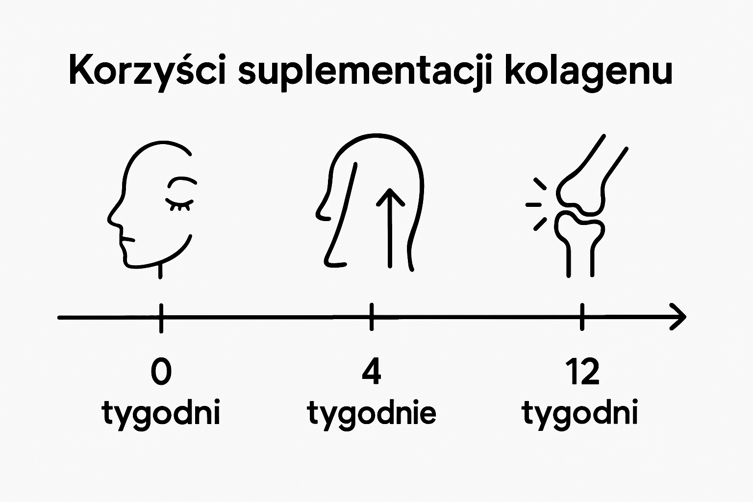 Infografika przedstawiająca, jak zmienia się działanie kolagenu z upływem kolejnych tygodni