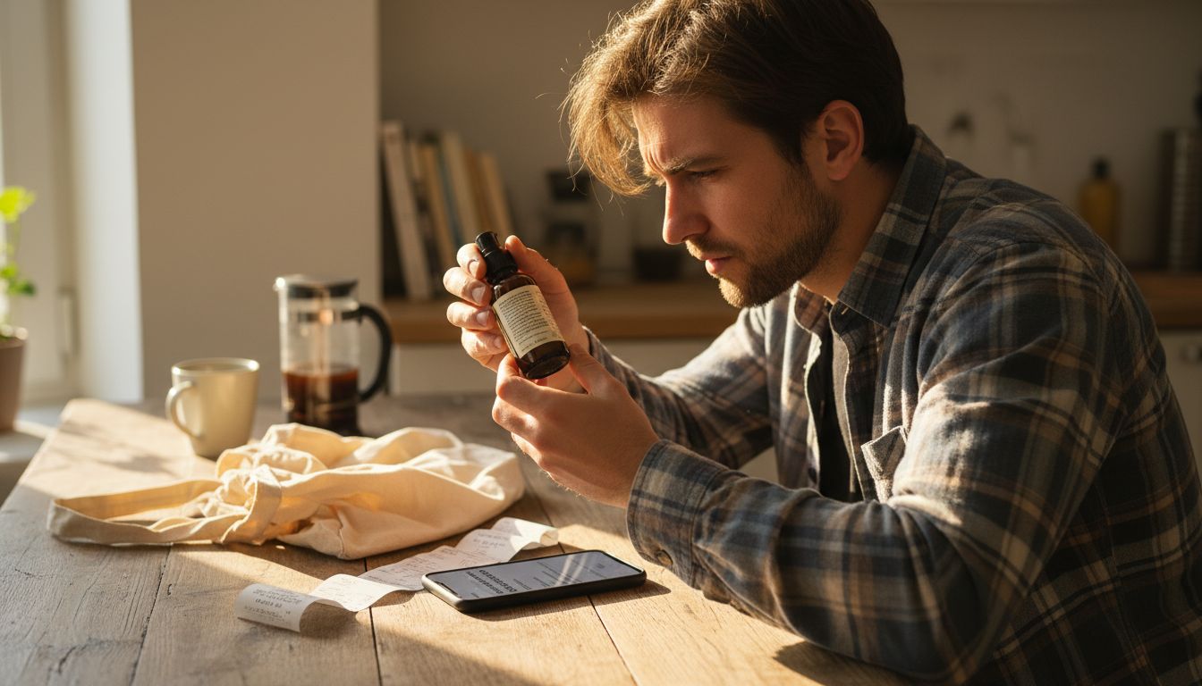 Mężczyzna siedzi przy kuchennym stole i uważnie czyta skład kosmetyku.