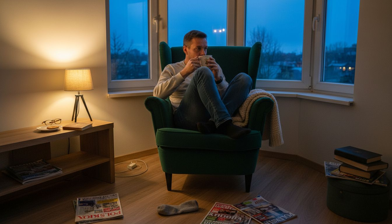 Mężczyzna wygodnie rozsiadł się w fotelu i delektuje się filiżanką herbaty.