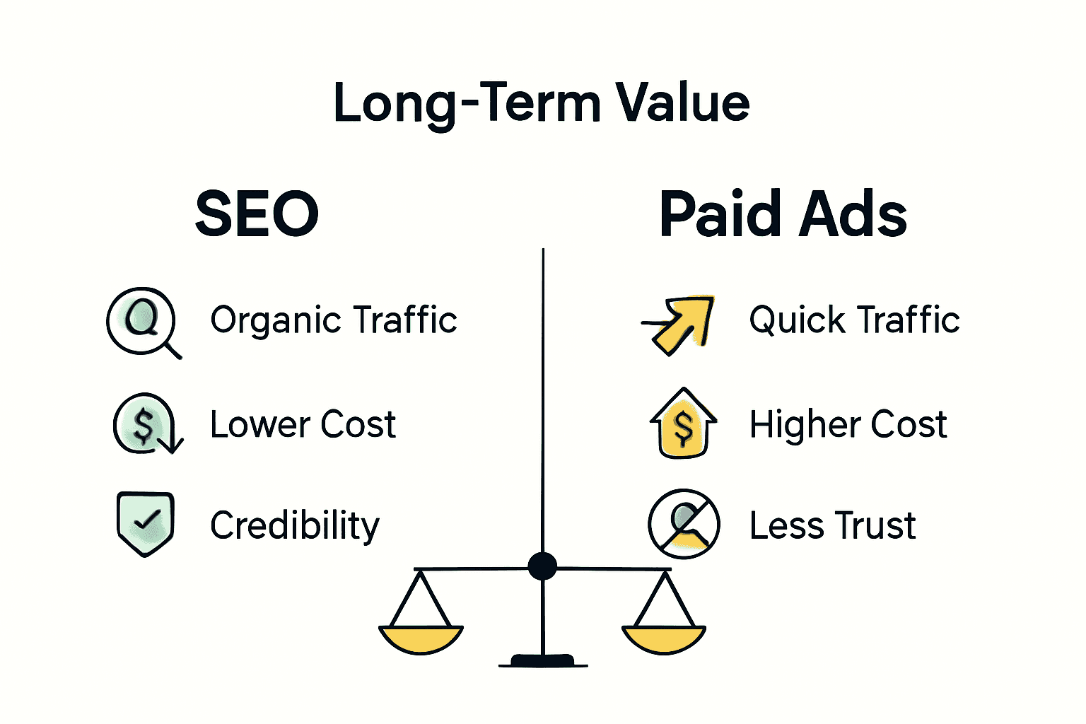 Infographic comparing SEO and paid ads advantages.