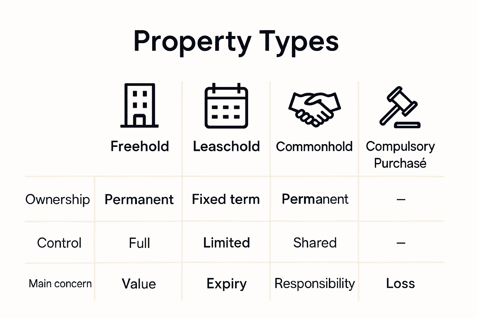 Infographic comparing UK commercial property ownership types by features and duration.
