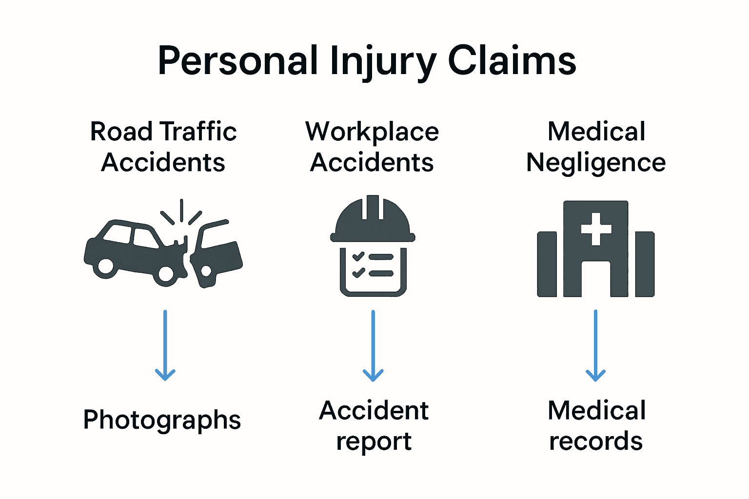 Infographic comparing UK personal injury claim types with icons and evidence lists