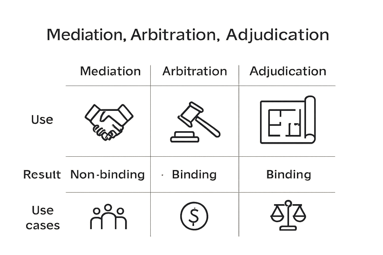 Infographic comparing mediation, arbitration, and adjudication methods in dispute resolution.
