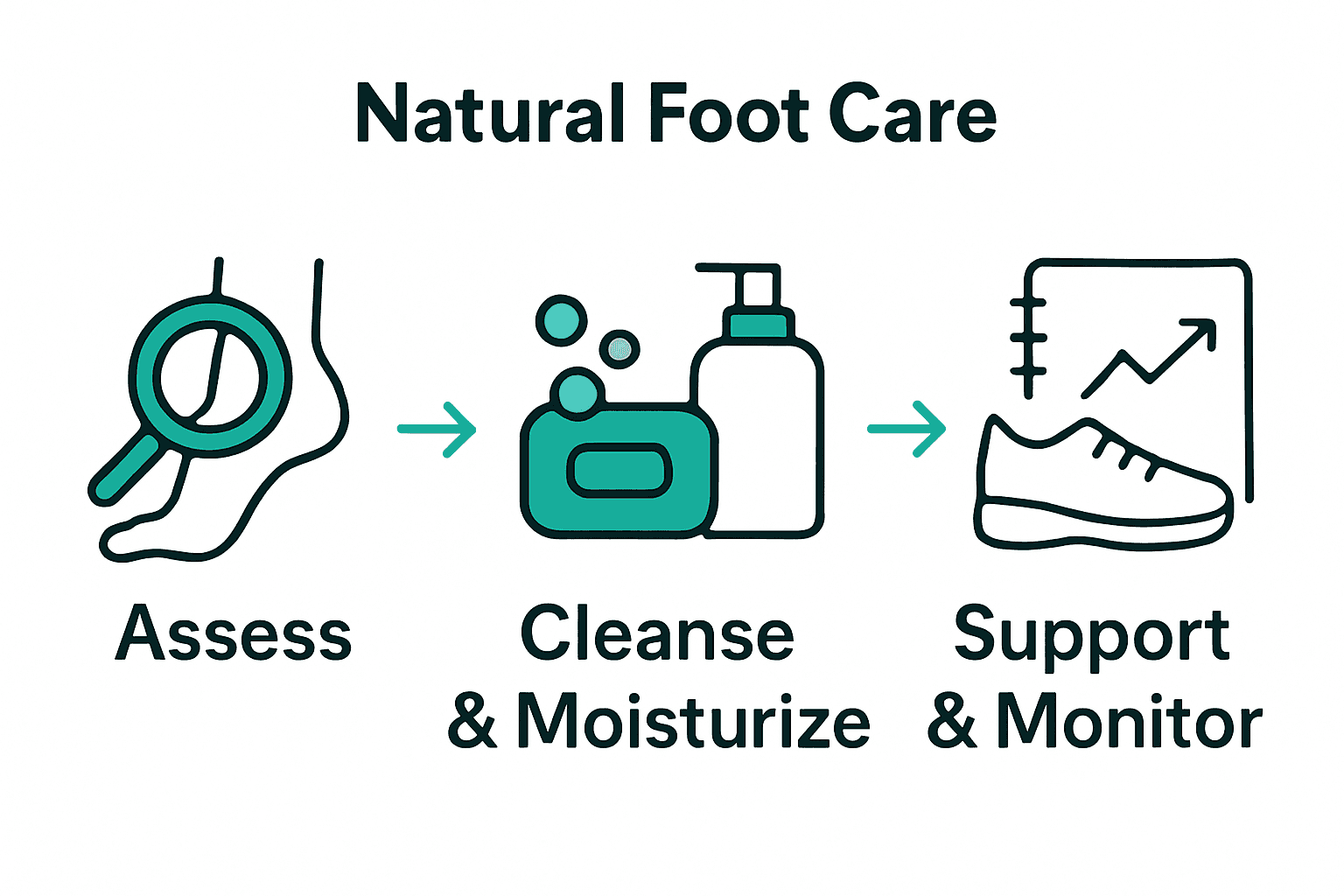 Infographic visualizing three natural steps for problem foot care: assessment, cleansing, and supportive footwear.