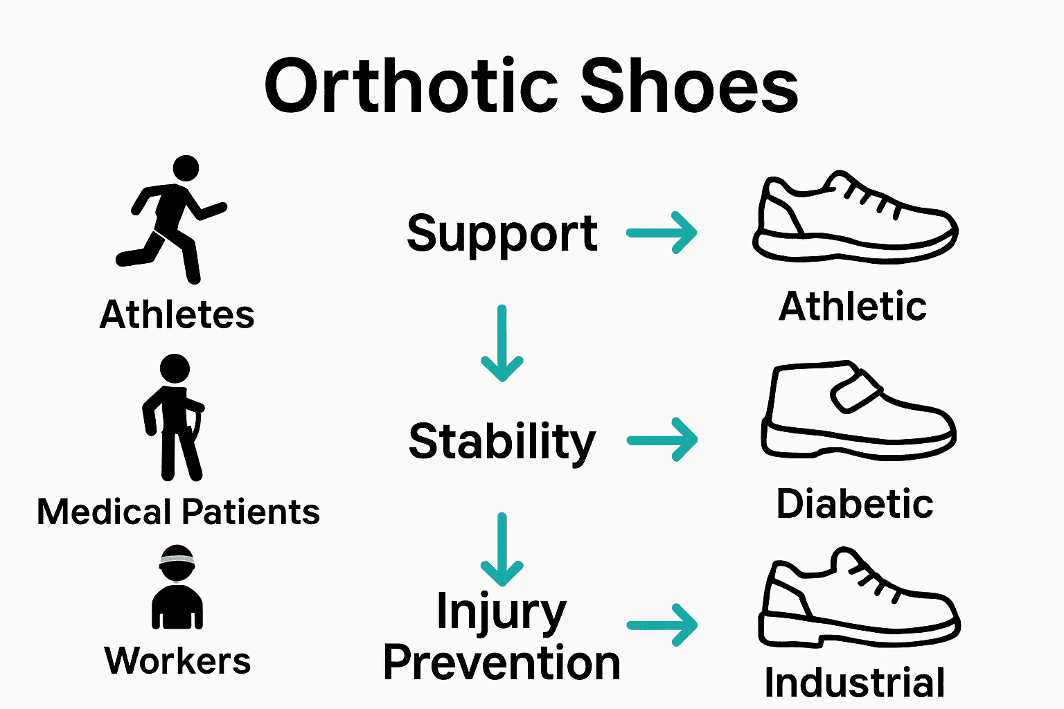 Infographic showing who benefits from which type of orthotic shoe: athletes, medical patients, workers.