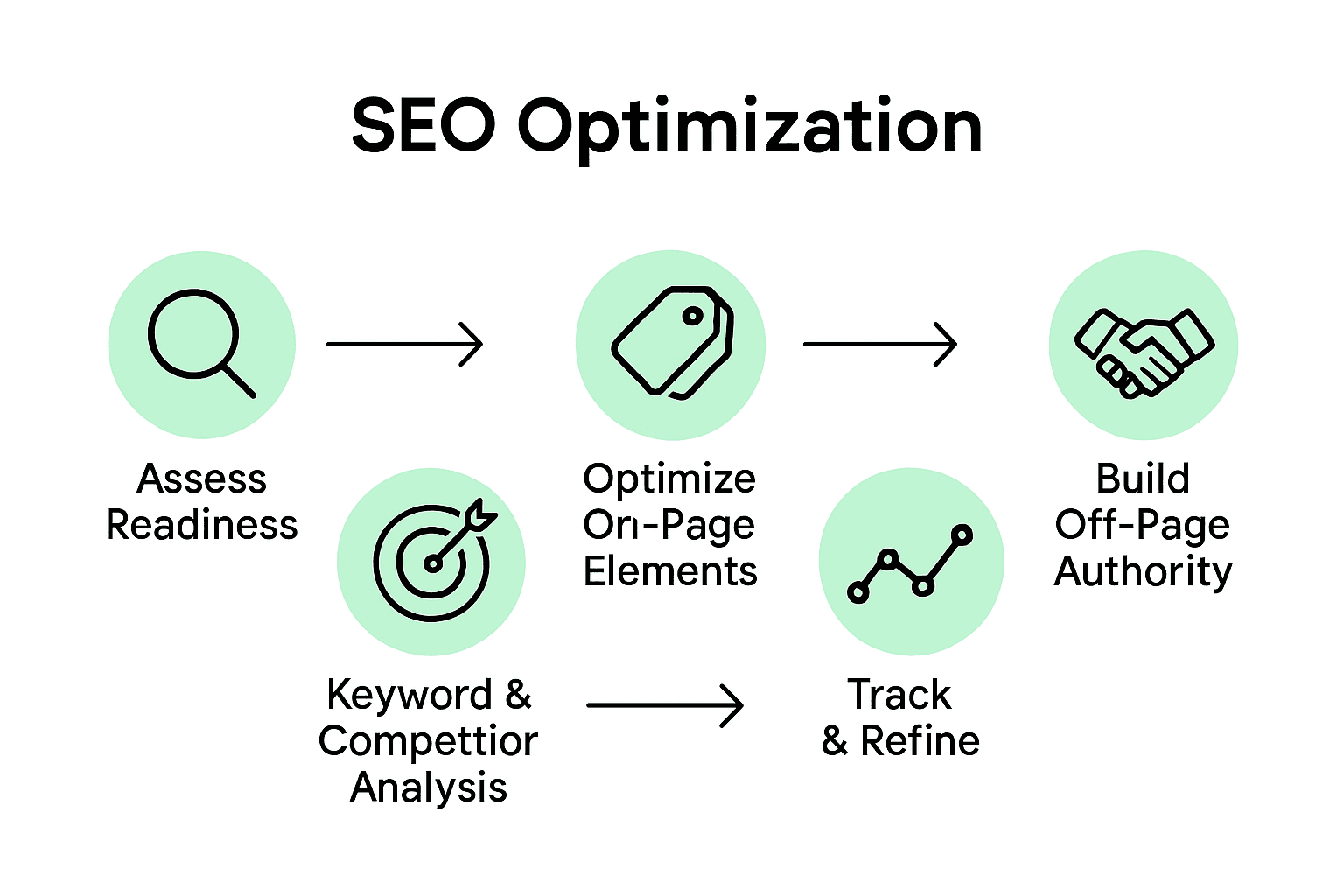 Infographic showing five key stages of SEO workflow for business growth.