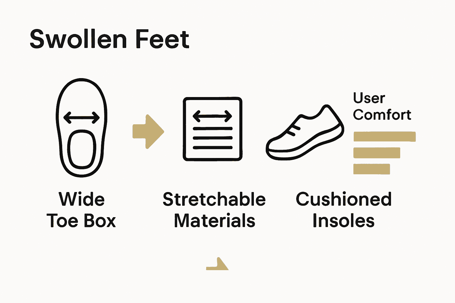 Infographic showing comparison of three comfort features in shoes for swollen feet: wide toe box, stretch materials, cushioned insole.