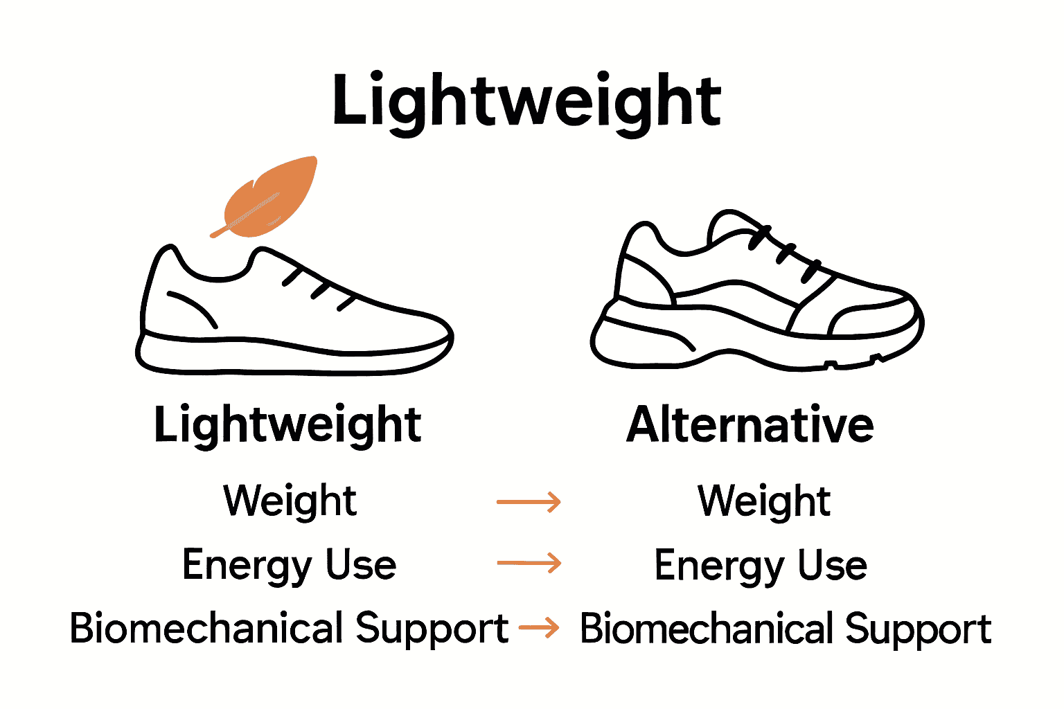 Infographic comparing lightweight shoes and alternatives using icons and arrows