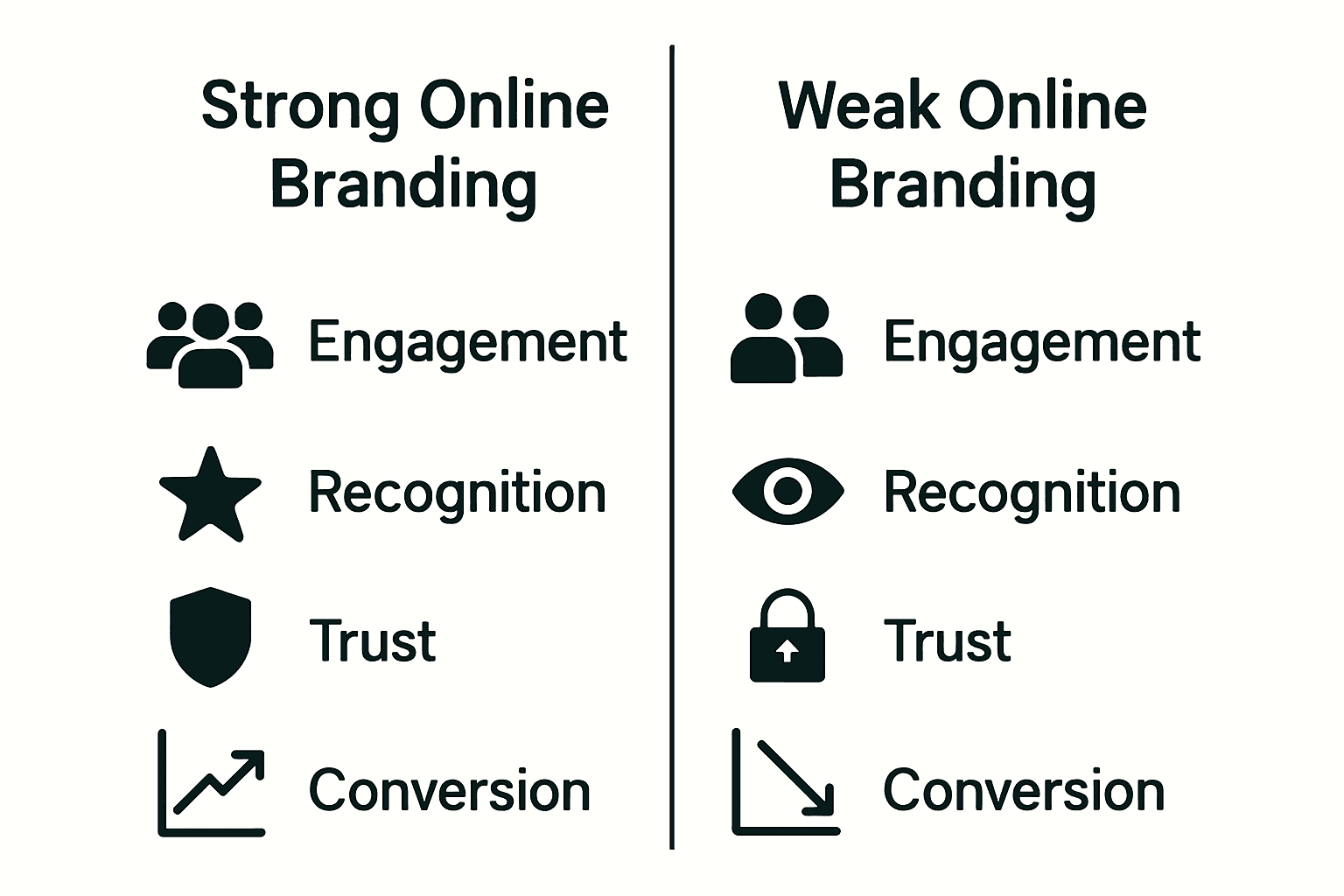 Infographic comparing strong and weak online branding on trust, engagement, and conversion.