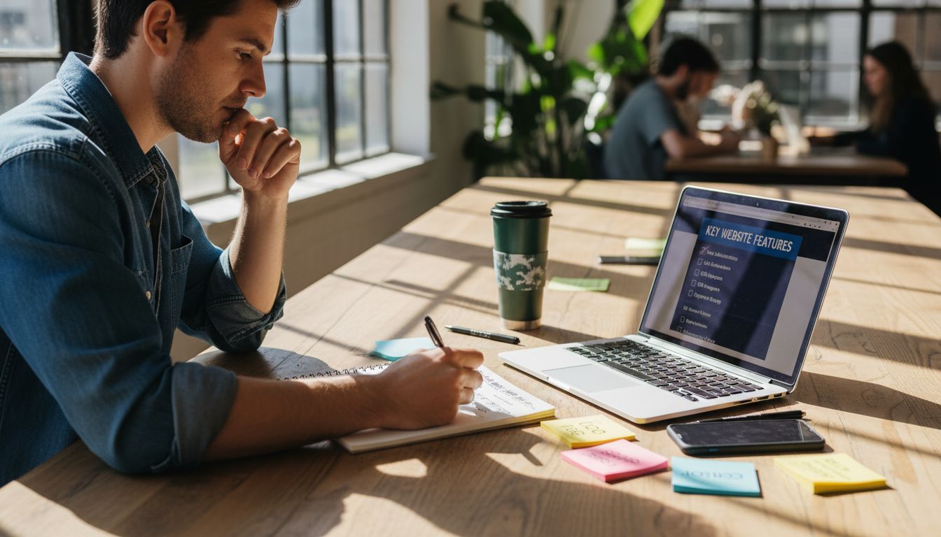 Web designer drafting website feature checklist