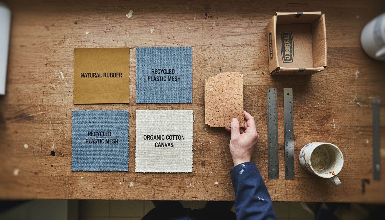 Samples of sustainable shoe materials displayed