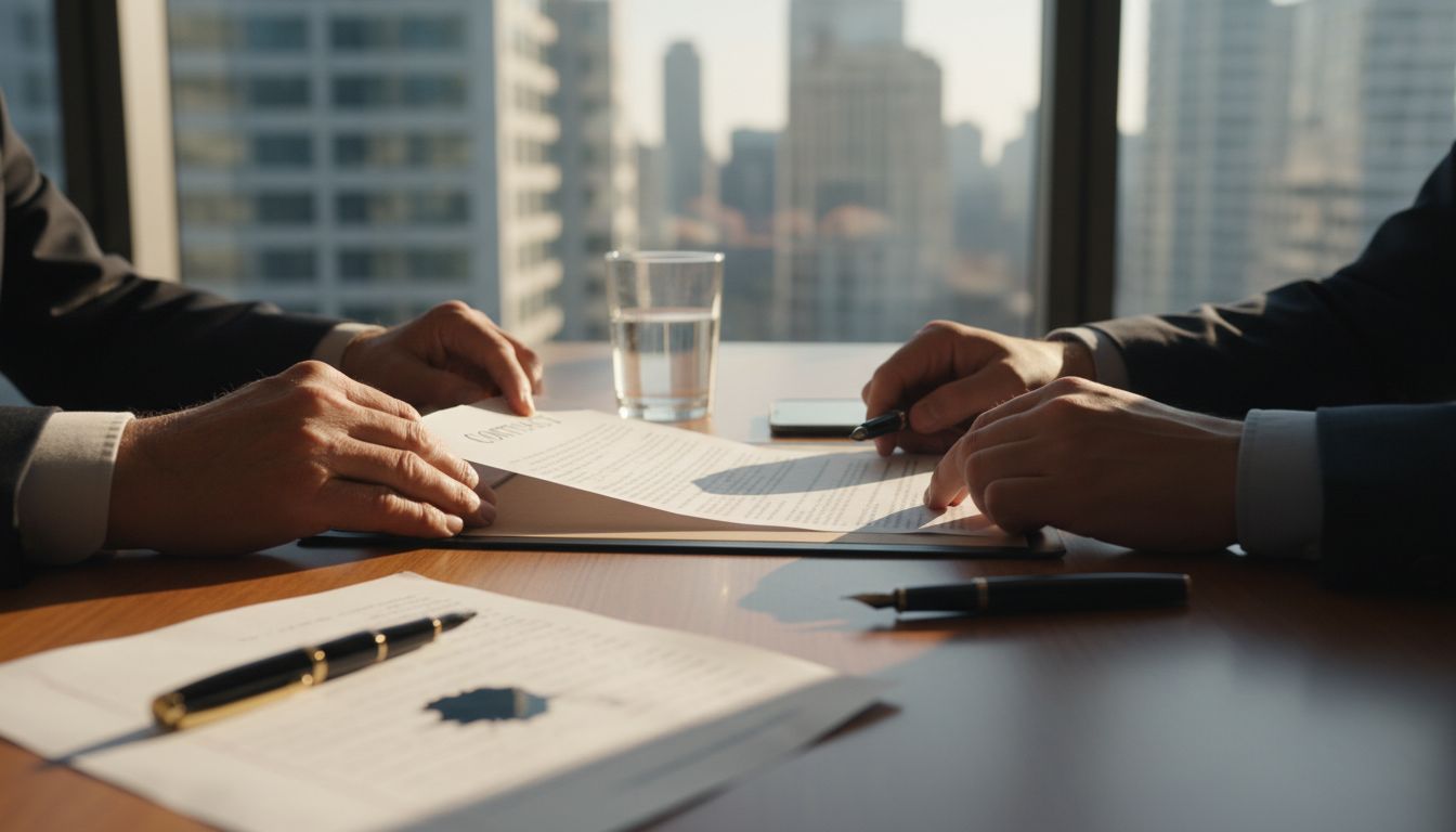 Hands signing a contract in legal office