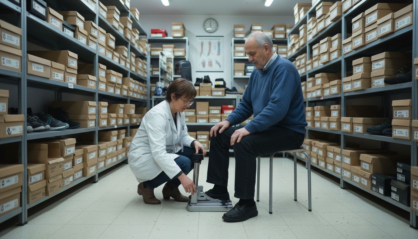 Shoe fitter measures man’s feet in store