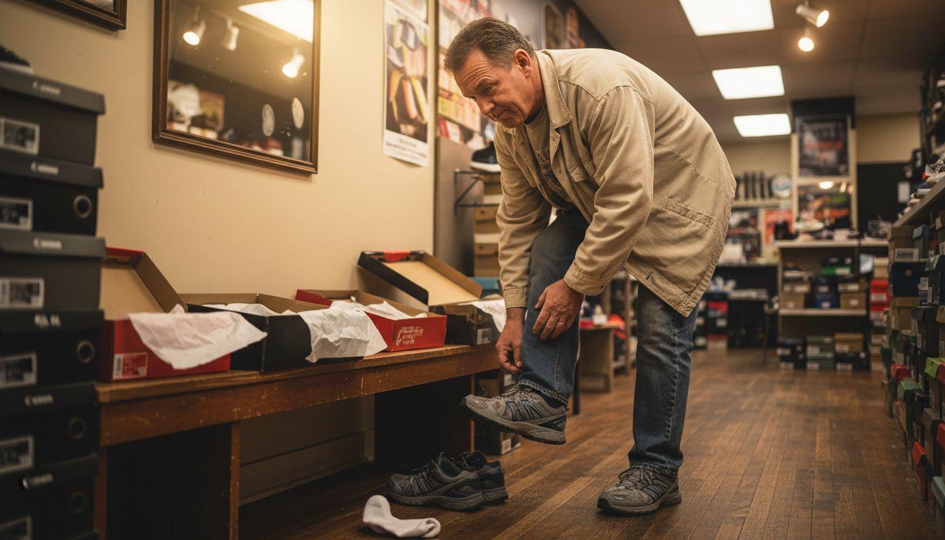 Man trying on shoes in local shoe shop