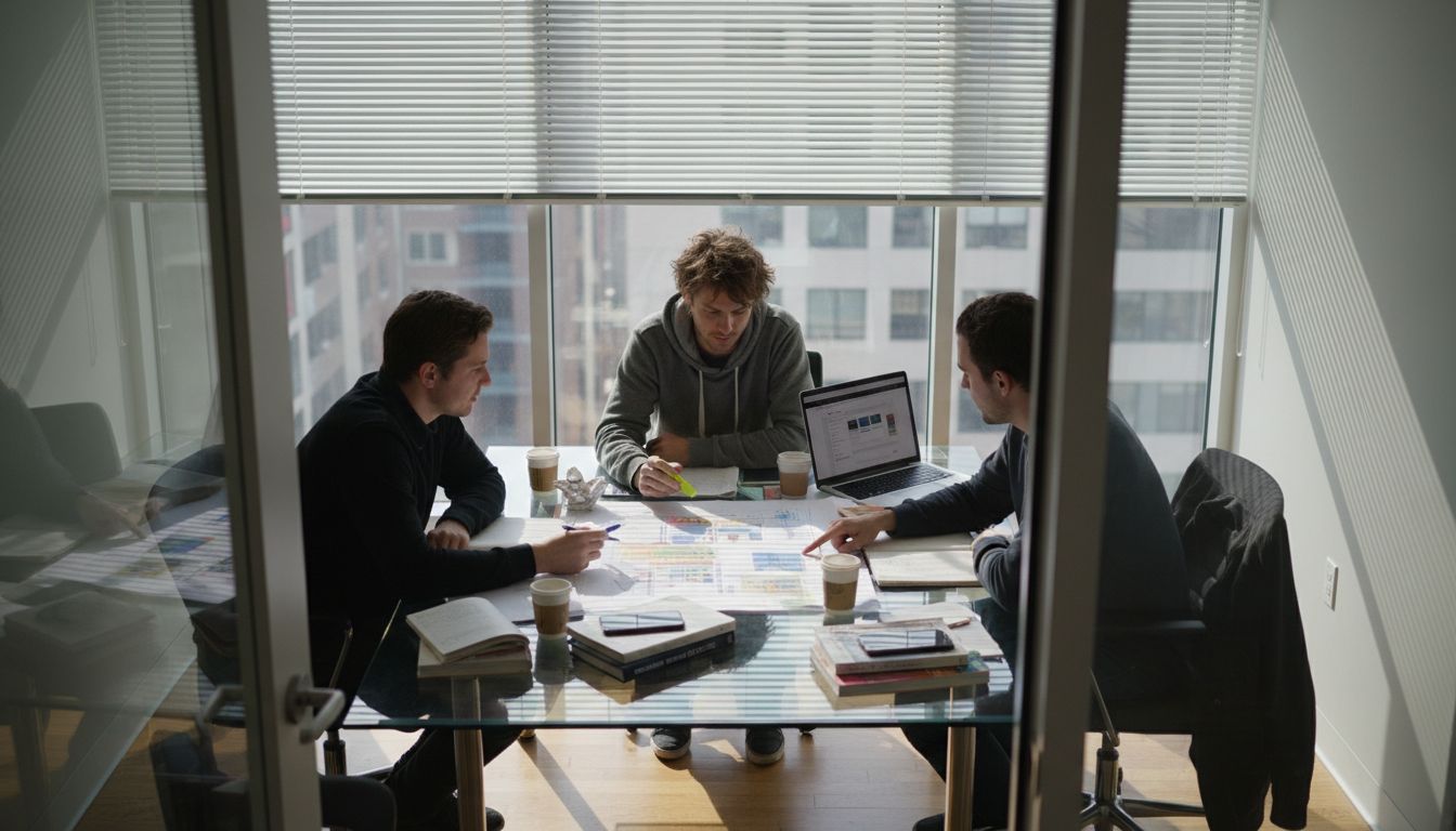 Team planning website architecture with blueprints