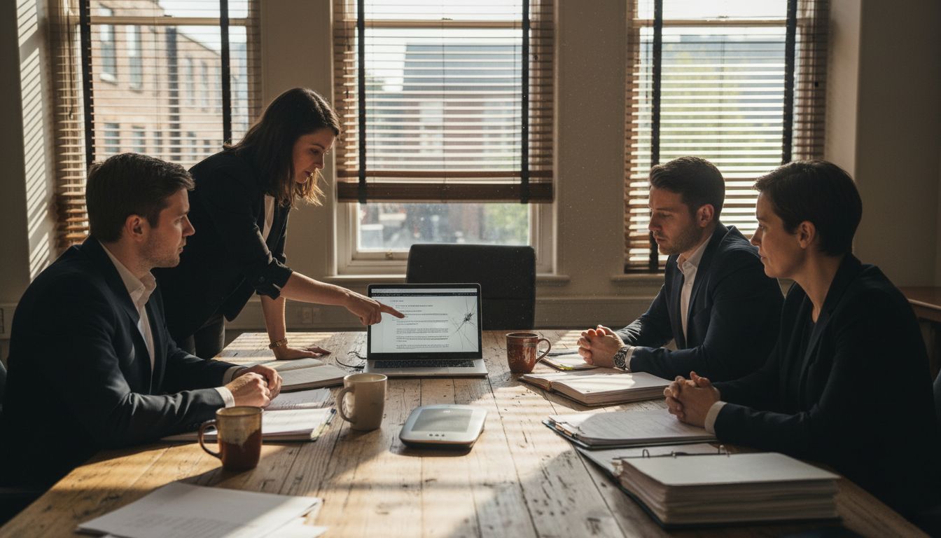 Team of solicitors meeting in law office