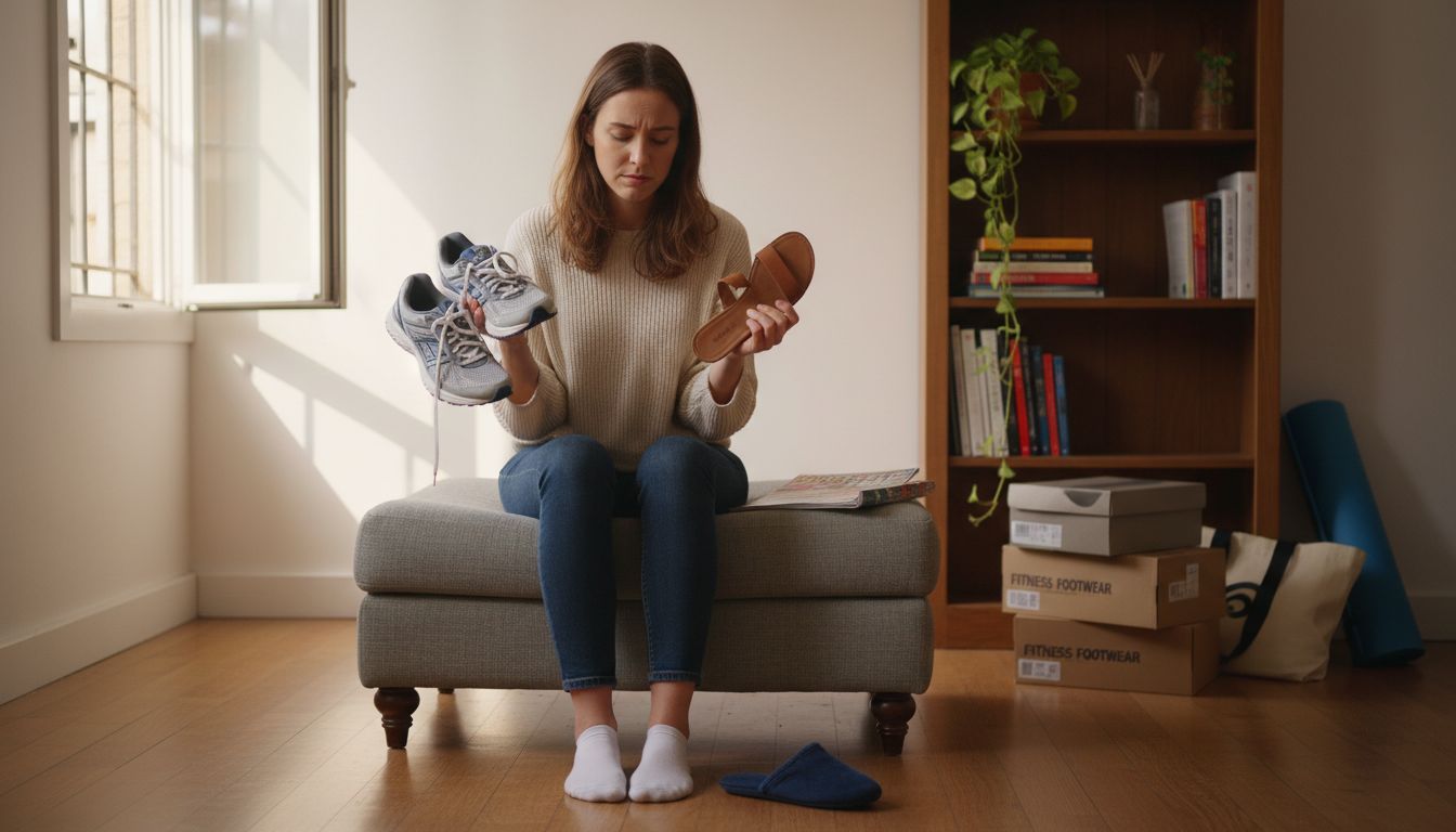 Woman comparing supportive and flat shoes