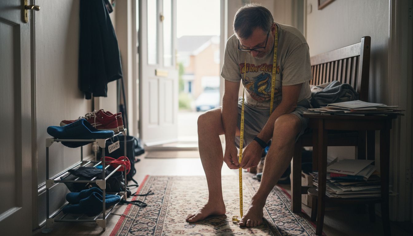 Man measuring feet for proper shoe sizing