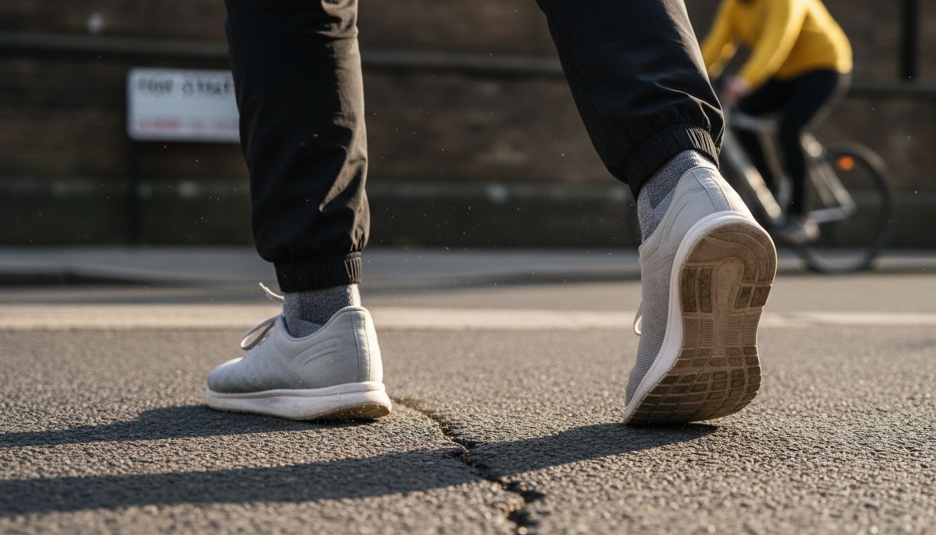 Close-up running shoes during stride outdoors
