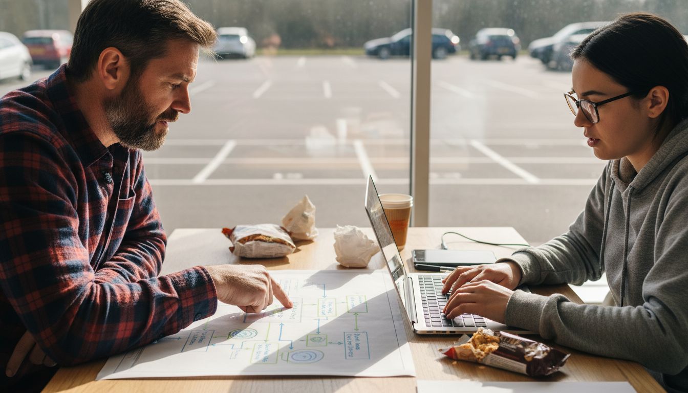 Business owner meeting web designer at table