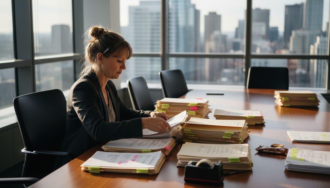 Lawyer organizing court documents in meeting room
