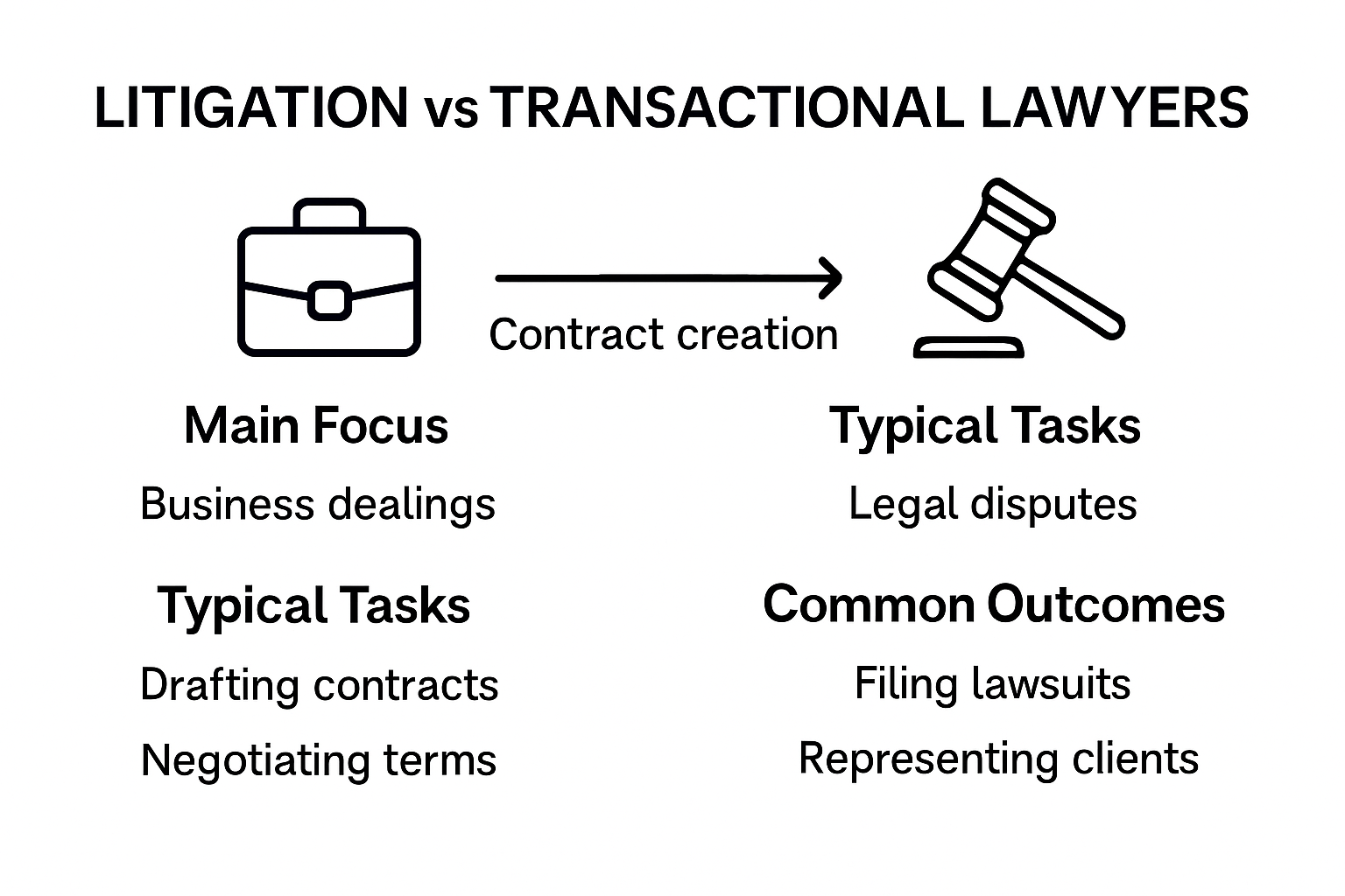 Litigation vs transactional lawyer comparison infographic