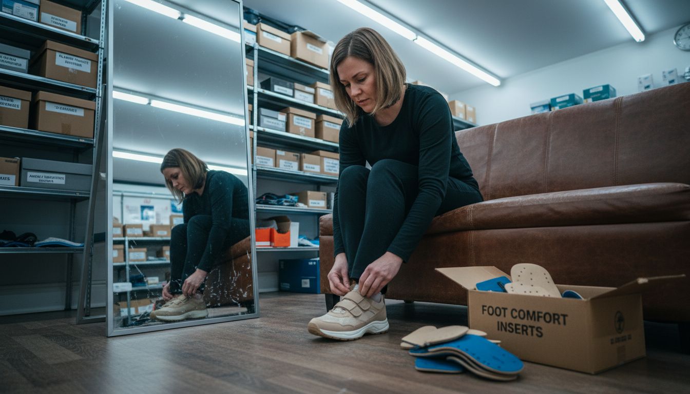 Patient trying custom orthotic shoes in clinic