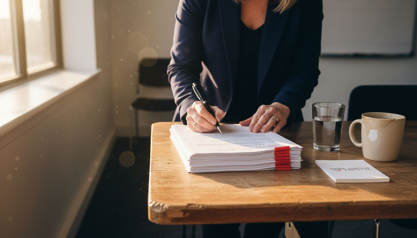 Woman signing marked-up contract in boardroom
