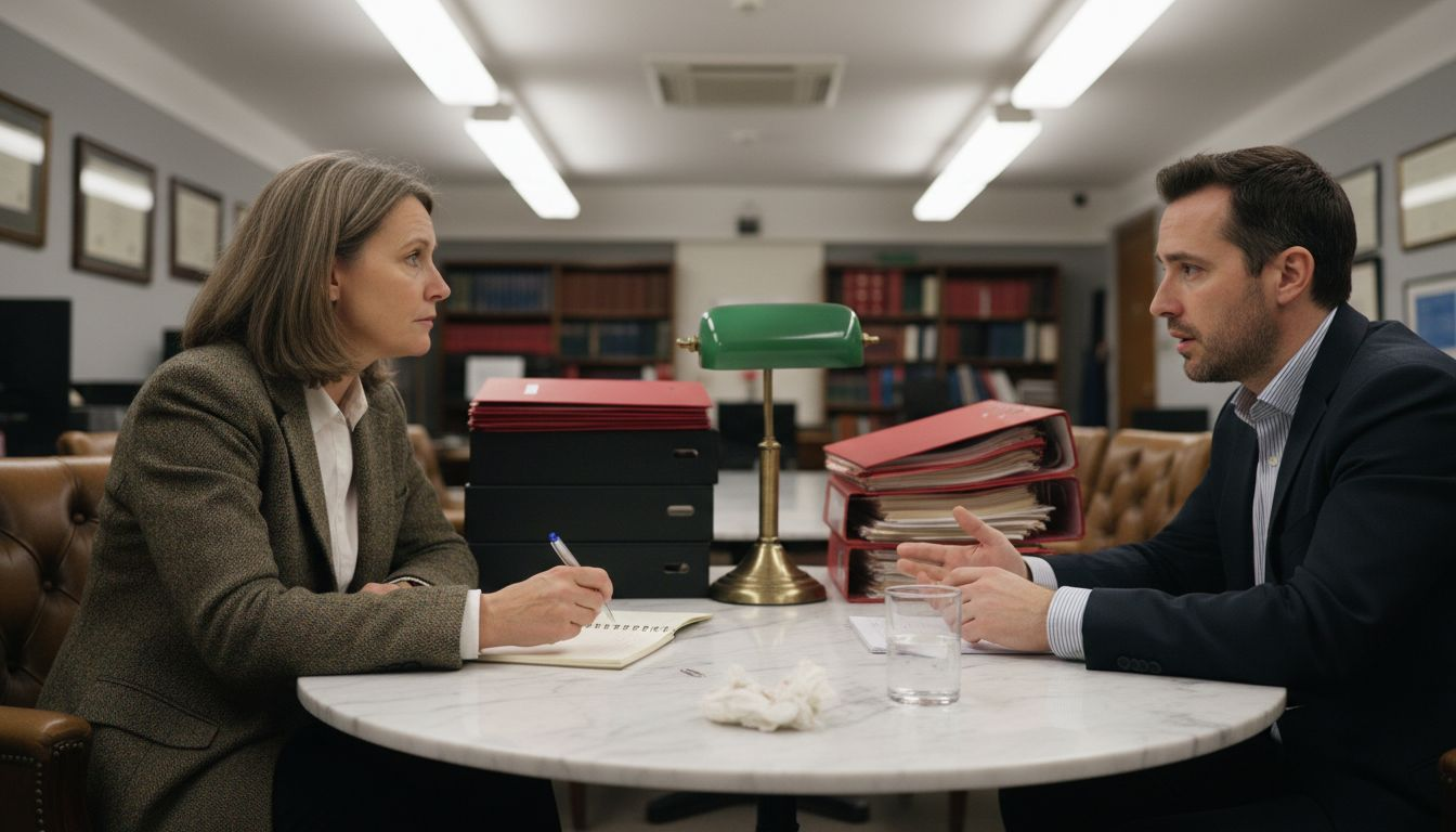 Solicitor taking notes during client meeting