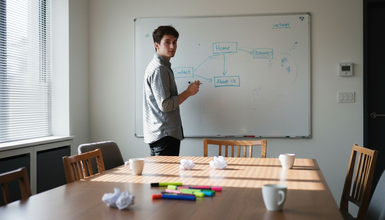 Designer drawing sitemap sketches on whiteboard