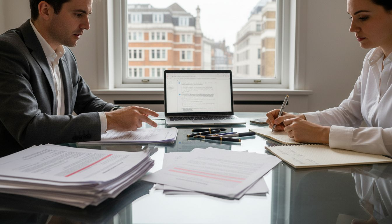 Business partners discussing arbitration provisions